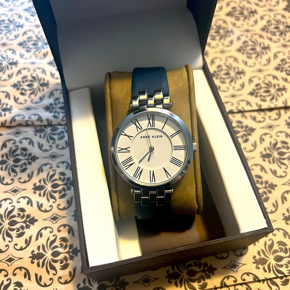 Anne Klein Silver Blue Leather Watch